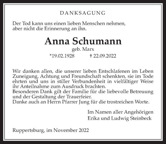 Traueranzeige von Anna Schumann von Laubacher Anzeiger