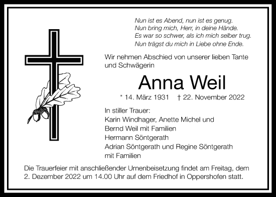 Traueranzeige von Anna Weil von Wetterauer Zeitung