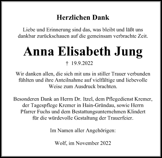 Traueranzeige von Anna Elisabeth Jung von Kreis-Anzeiger