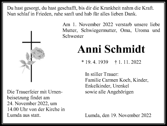 Traueranzeige von Anna Marie Schmidt von Giessener Anzeiger, Giessener Allgemeine, Alsfelder Allgemeine