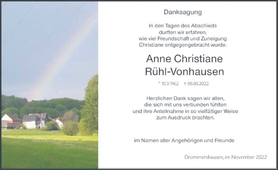 Traueranzeige von Anne Christiane Rühl-Vonhausen von Usinger Anzeiger