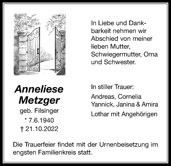 Traueranzeige von Anneliese Metzger von Licher Wochenblatt