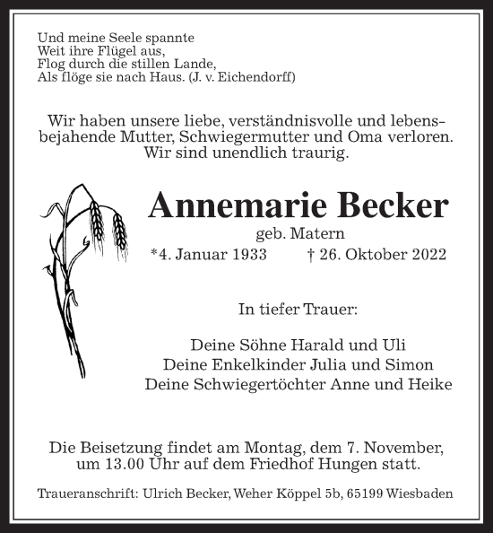 Traueranzeige von Annemarie Becker von Giessener Allgemeine, Alsfelder Allgemeine, Usinger Anzeiger