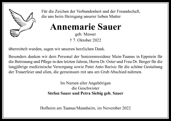 Traueranzeige von Annemarie Sauer 