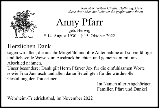Traueranzeige von Anny Pfarr von Usinger Anzeiger