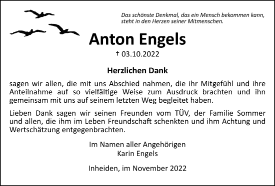 Traueranzeige von Anton Engels von Licher Wochenblatt