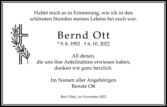 Traueranzeige von Bernd Ott von Bad Vilbel/Karben