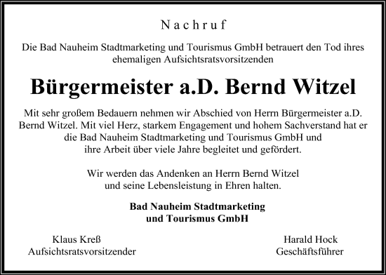 Traueranzeige von Bernd Witzel von Wetterauer Zeitung