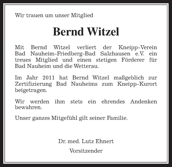 Traueranzeige von Bernd Witzel von Wetterauer Zeitung