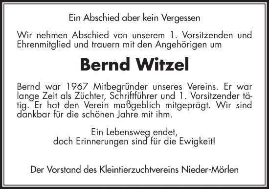 Traueranzeige von Bernd Witzel von Wetterauer Zeitung