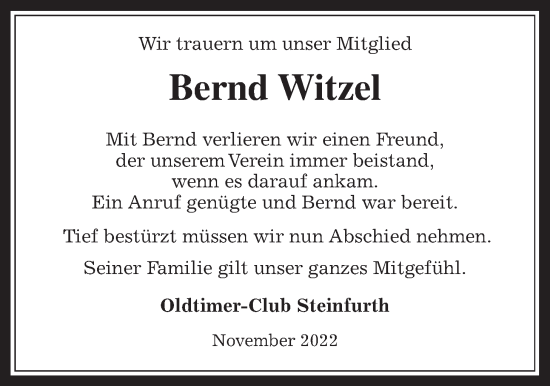 Traueranzeige von Bernd Witzel von Wetterauer Zeitung