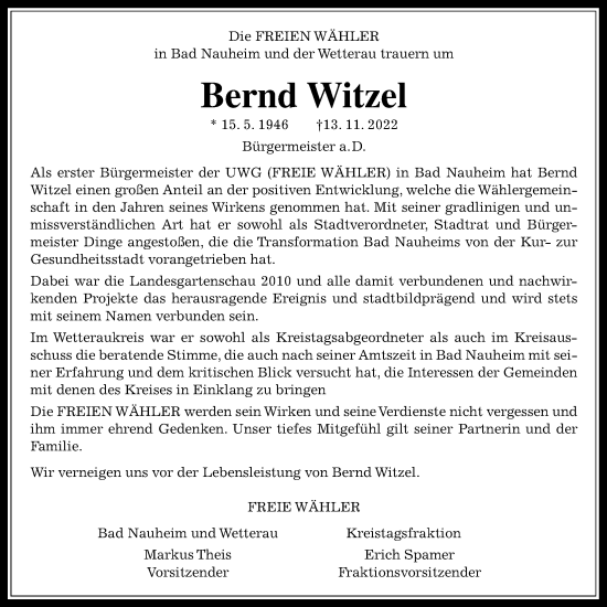 Traueranzeige von Bernd Witzel von Wetterauer Zeitung