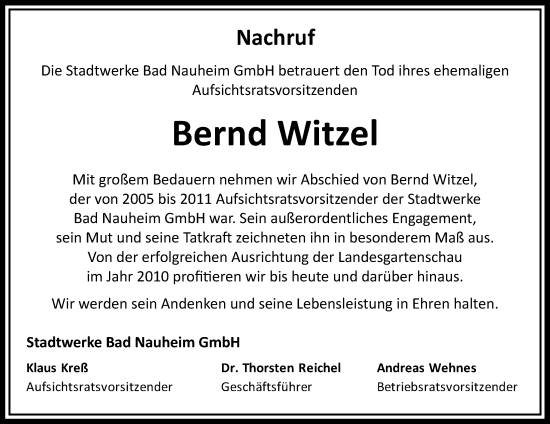 Traueranzeige von Bernd Witzel von Wetterauer Zeitung
