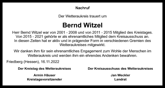 Traueranzeige von Bernd Witzel von Wetterauer Zeitung