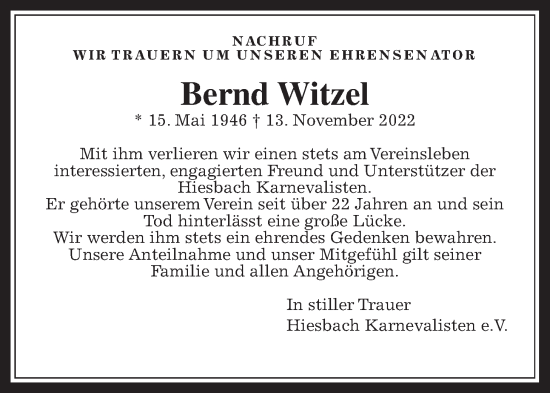 Traueranzeige von Bernd Witzel von Wetterauer Zeitung