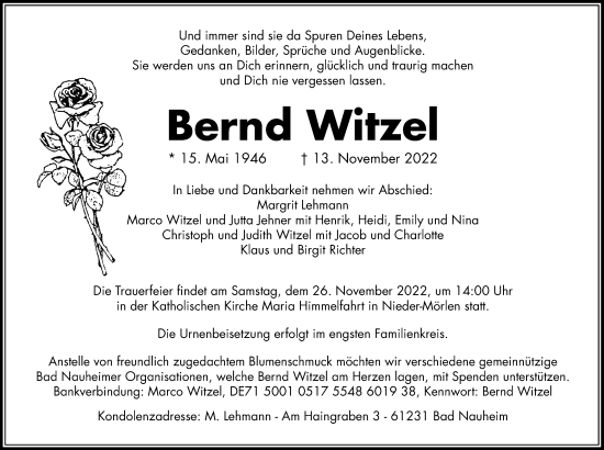 Traueranzeige von Bernd Witzel von Wetterauer Zeitung
