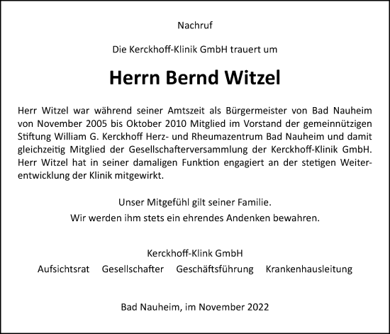 Traueranzeige von Bernd Witzel von Wetterauer Zeitung