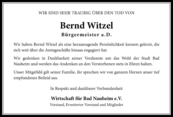 Traueranzeige von Bernd Witzel von Wetterauer Zeitung