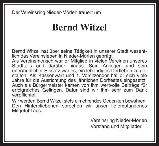 Traueranzeige von Bernd Witzel von Wetterauer Zeitung