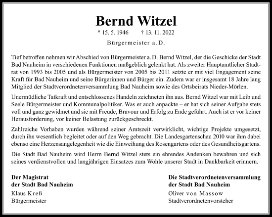 Traueranzeige von Bernd Witzel von Wetterauer Zeitung