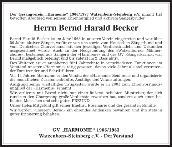 Traueranzeige von Bernd Harald Becker von Pohlheimer Nachrichten