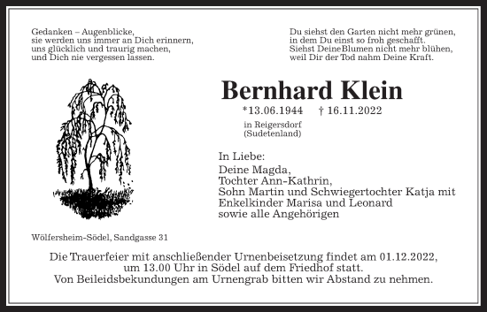 Traueranzeige von Bernhard Klein von Wetterauer Zeitung