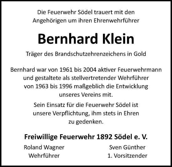 Traueranzeige von Bernhard Klein von Wetterauer Zeitung