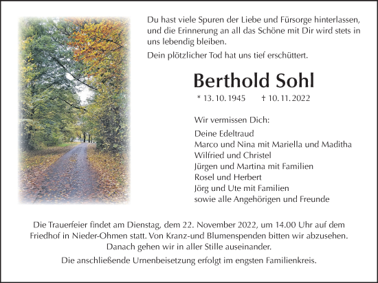Traueranzeige von Berthold Sohl von Mücker Stimme, Giessener Allgemeine, Alsfelder Allgemeine