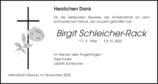 Traueranzeige von Birgit Schleicher-Rack von Kreis-Anzeiger
