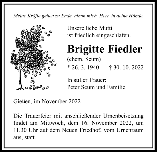 Traueranzeige von Brigitte Fiedler von Giessener Allgemeine, Alsfelder Allgemeine, Giessener Anzeiger