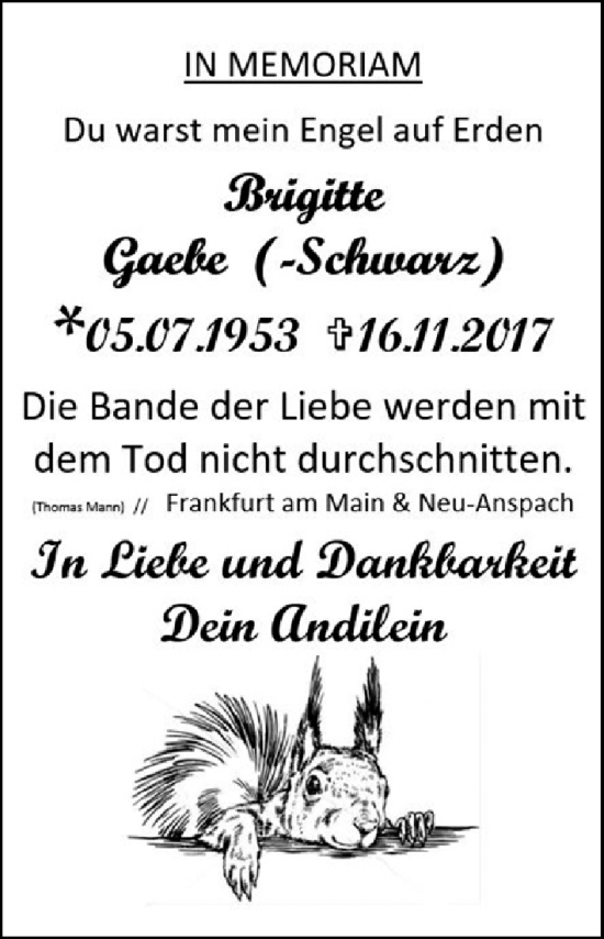 Traueranzeige von Brigitte Gaebe von Usinger Anzeiger, 