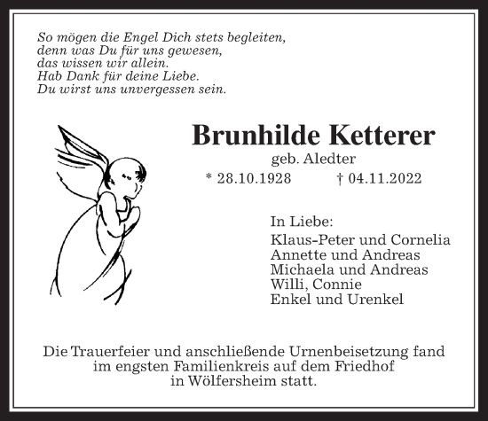 Traueranzeige von Brunhilde Ketterer von Wetterauer Zeitung
