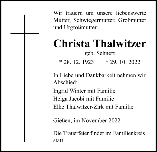 Traueranzeige von Christa Thalwitzer von Giessener Allgemeine, Alsfelder Allgemeine, Giessener Anzeiger