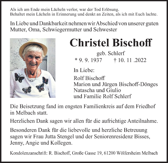 Traueranzeige von Christel Bischoff von Wetterauer Zeitung