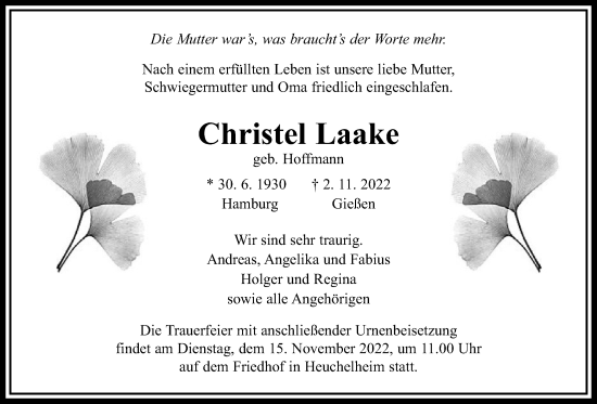 Traueranzeige von Christel Laake von Giessener Allgemeine, Alsfelder Allgemeine, Giessener Anzeiger