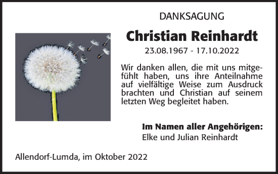 Traueranzeige von Christian Reinhardt von Giessener Allgemeine, Alsfelder Allgemeine, Giessener Anzeiger
