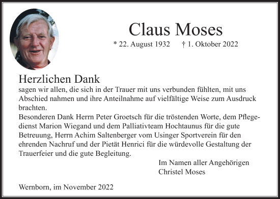 Traueranzeige von Claus Moses von Usinger Anzeiger