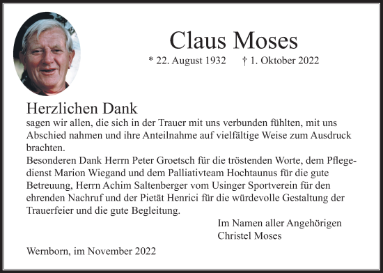 Traueranzeige von Claus Moses 