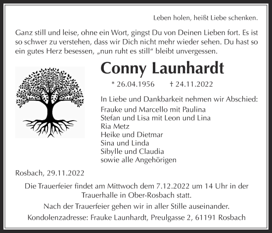 Traueranzeige von Conny Launhardt von Wetterauer Zeitung