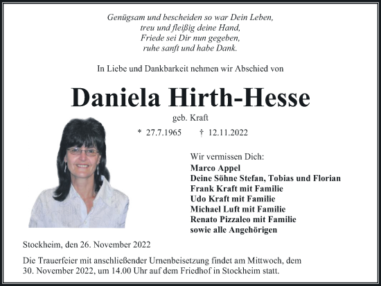 Traueranzeige von Daniela Hirth-Hesse von Kreis-Anzeiger