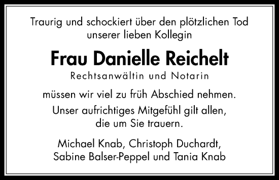 Traueranzeige von Danielle Reichelt von Kreis-Anzeiger