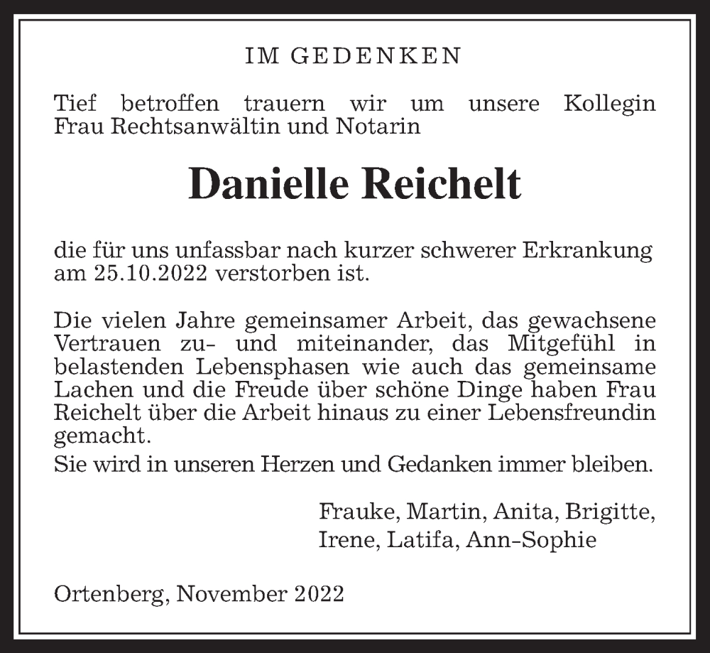  Traueranzeige für Danielle Reichelt vom 05.11.2022 aus Kreis-Anzeiger