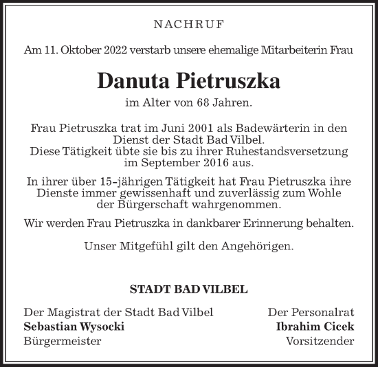 Traueranzeige von Danuta Pietruszka von Bad Vilbel/Karben