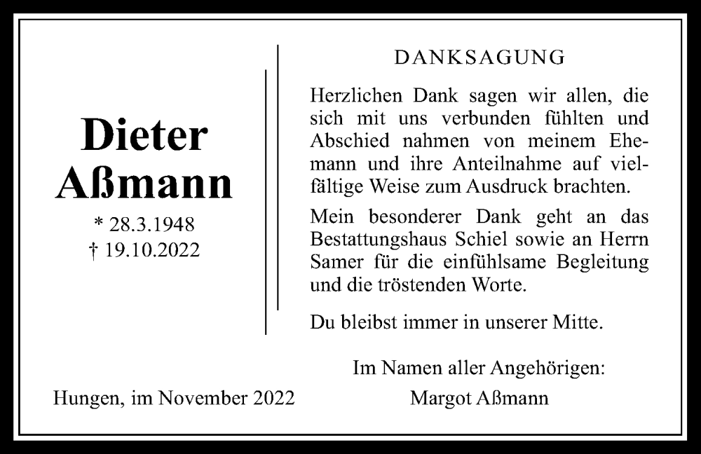  Traueranzeige für Dieter Aßmann vom 24.11.2022 aus Licher Wochenblatt