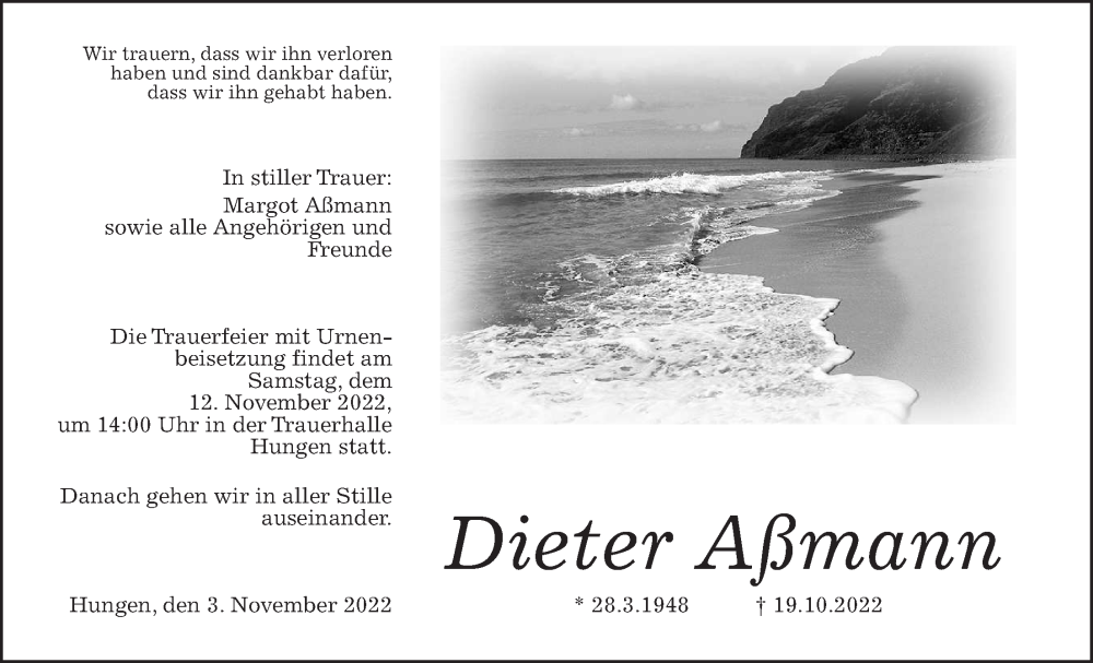  Traueranzeige für Dieter Aßmann vom 03.11.2022 aus Licher Wochenblatt