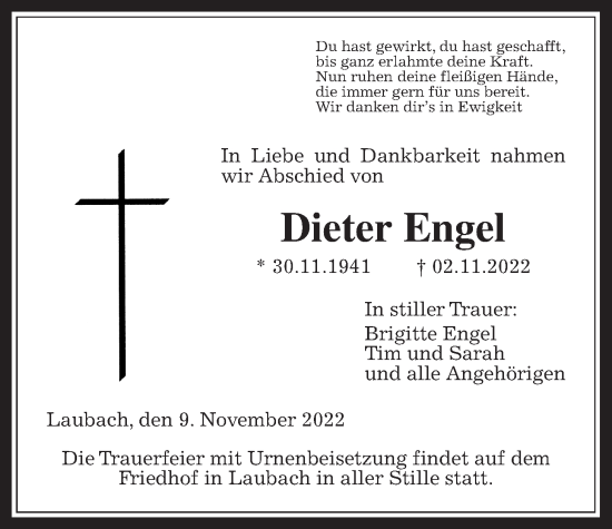 Traueranzeige von Dieter Engel von Laubacher Anzeiger