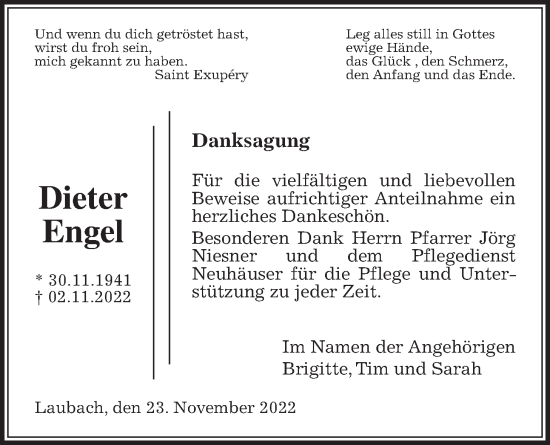 Traueranzeige von Dieter Engel von Laubacher Anzeiger