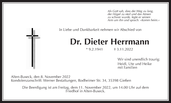 Traueranzeige von Dieter Herrmann von Giessener Anzeiger