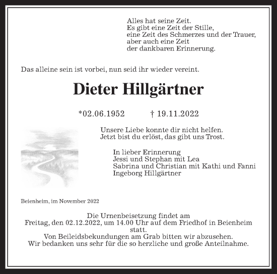 Traueranzeige von Dieter Hillgärtner von Wetterauer Zeitung