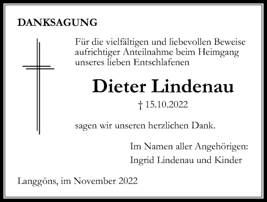 Traueranzeige von Dieter Lindenau von Giessener Allgemeine, Alsfelder Allgemeine, Giessener Anzeiger